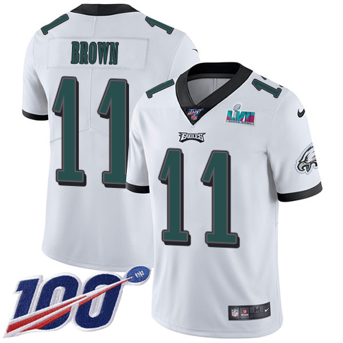 Eagles #11 A.J. Brown White Super Bowl LVII Patch Youth Stitched 100th Season Vapor Untouchable Limited Jersey