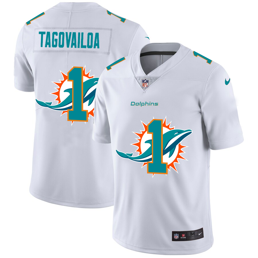 Miami Dolphins #1 Tua Tagovailoa White Men's Team Logo Dual Overlap Limited Jersey