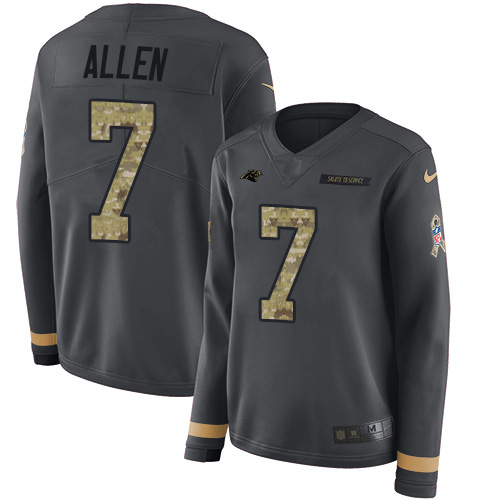 Carolina Panthers #7 Kyle Allen Anthracite Salute to Service Women's Stitched Limited Therma Long Sleeve Jersey Womens