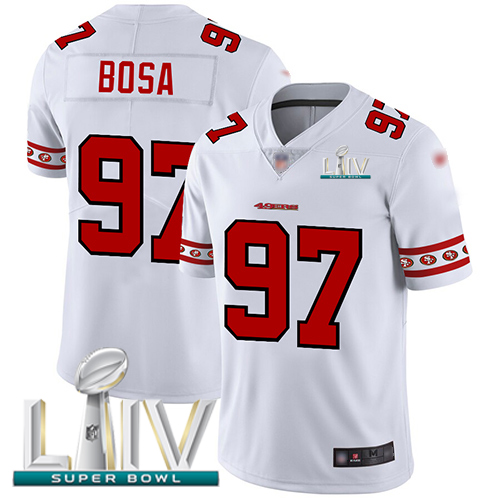 49ers #97 Nick Bosa White Super Bowl LIV 2020 Men's Stitched Limited Team Logo Fashion Jersey