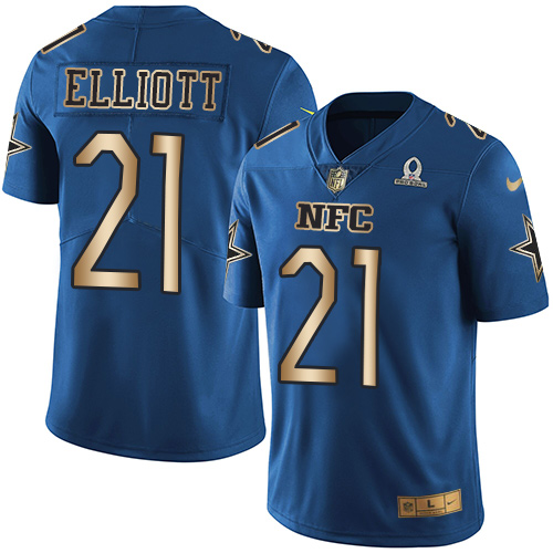 Cowboys #21 Ezekiel Elliott Navy Men's Stitched Limited Gold NFC 2017 Pro Bowl Jersey