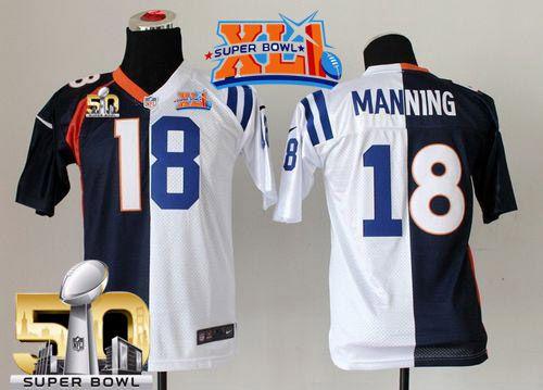Colts #18 Peyton Manning Blue/White Super Bowl XLI & Super Bowl 50 Youth Stitched Elite Split Broncos Jersey
