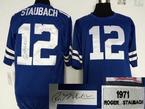 Mitchell And Ness Autographed Cowboys #12 Roger Staubach Blue Throwback Stitched Jersey