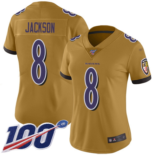 Ravens #8 Lamar Jackson Gold Women's Stitched Limited Inverted Legend 100th Season Jersey