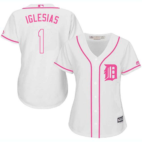 Detroit Tigers #1 Jose Iglesias White/Pink Fashion Women's Stitched Jersey Womens