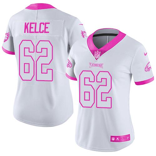 Eagles #62 Jason Kelce White/Pink Women's Stitched Limited Rush Fashion Jersey
