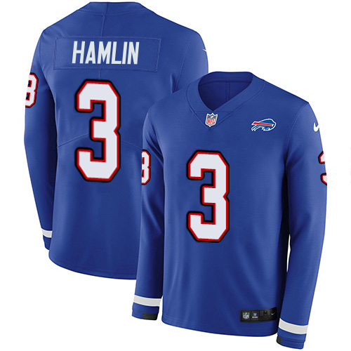 Bills #3 Damar Hamlin Royal Blue Team Color Men's Stitched Limited Therma Long Sleeve Jersey