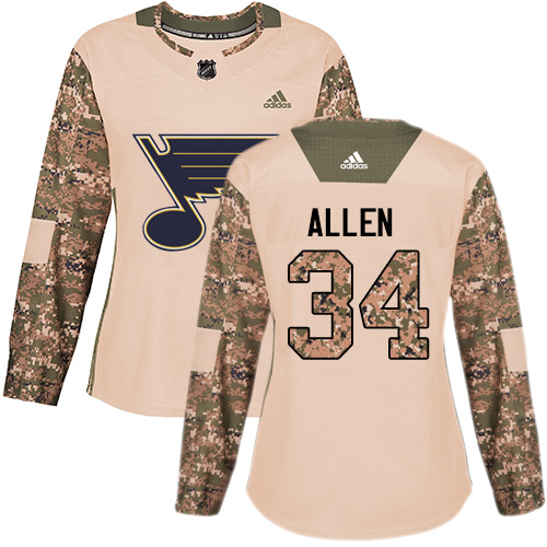 Adidas St. Louis Blues #34 Jake Allen Camo Authentic 2017 Veterans Day Women's Stitched Jersey Womens
