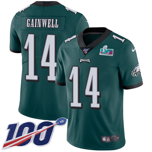 Eagles #14 Kenneth Gainwell Green Team Color Super Bowl LVII Patch Men's Stitched 100th Season Vapor Untouchable Limited Jersey