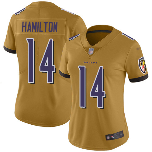Ravens #14 Kyle Hamilton Gold Women's Stitched Limited Inverted Legend Jersey