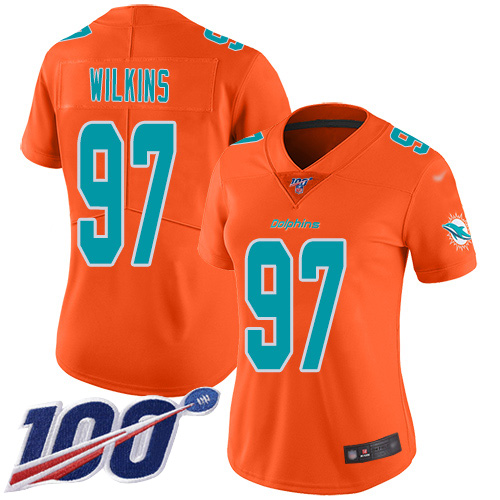Miami Dolphins #97 Christian Wilkins Orange Women's Stitched Limited Inverted Legend 100th Season Jersey Womens