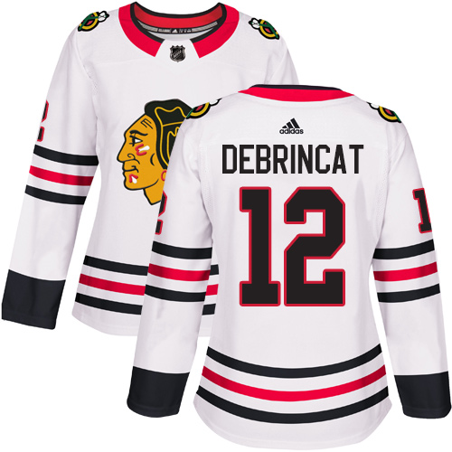 Adidas Chicago Blackhawks #12 Alex DeBrincat White Road Authentic Women's Stitched Jersey Womens