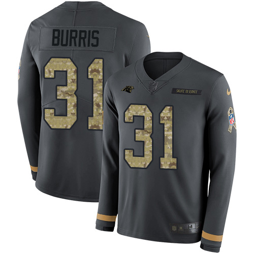 Carolina Panthers #31 Juston Burris Anthracite Salute to Service Men's Stitched Limited Therma Long Sleeve Jersey Men's