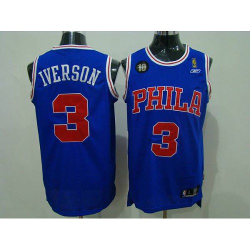 Philadelphia 76ers #3 Allen Iverson Blue Reebok 10TH Throwback Stitched Jersey Mens