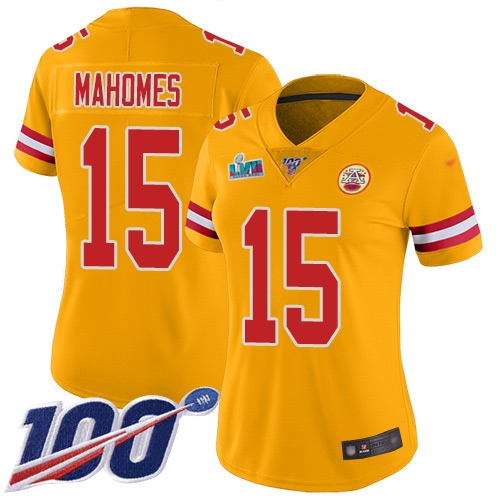 Chiefs #15 Patrick Mahomes Gold Super Bowl LVII Patch Women's Stitched Limited Inverted Legend 100th Season Jersey