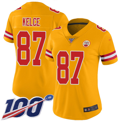 Chiefs #87 Travis Kelce Gold Women's Stitched Limited Inverted Legend 100th Season Jersey