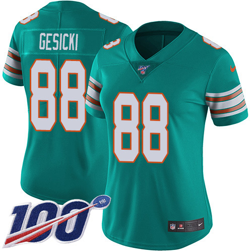 Dolphins #88 Mike Gesicki Aqua Green Alternate Women's Stitched 100th Season Vapor Untouchable Limited Jersey