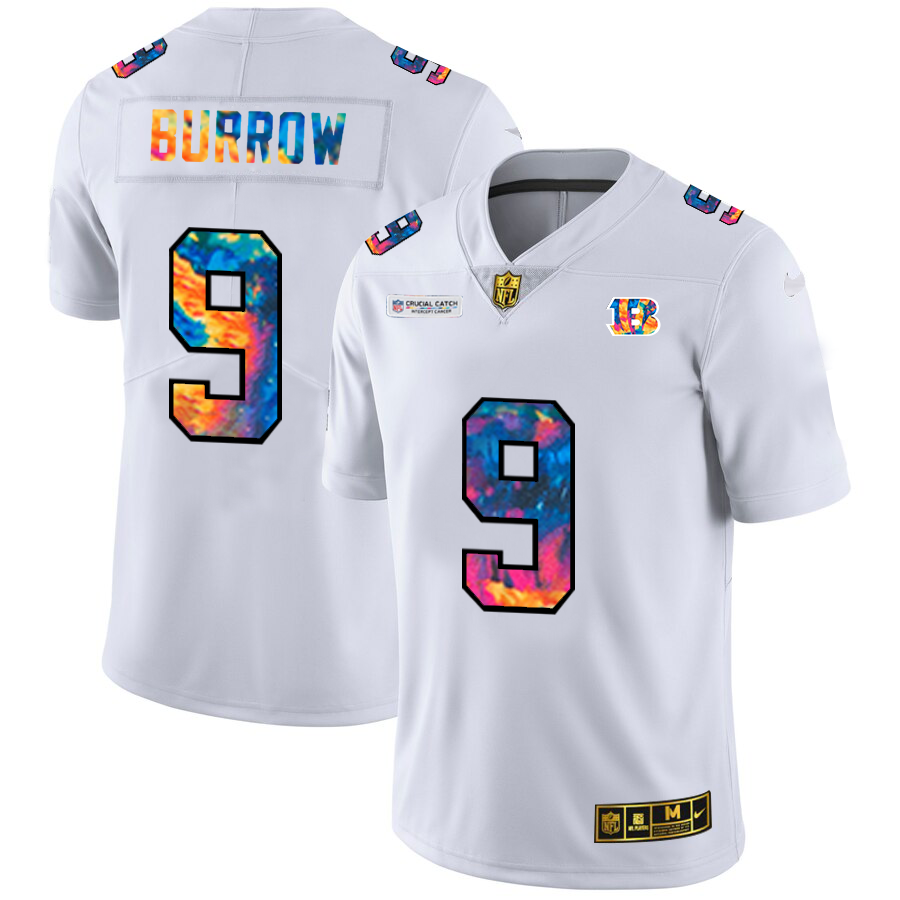 Cincinnati Bengals #9 Joe Burrow Men's White Multi-Color 2020 Crucial Catch Limited Jersey