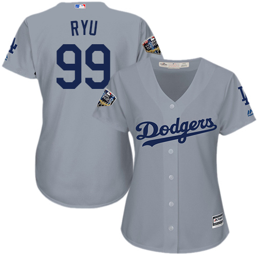 Los Angeles Dodgers #99 Hyun-Jin Ryu Grey Alternate Road 2018 World Series Women's Stitched Jersey Womens