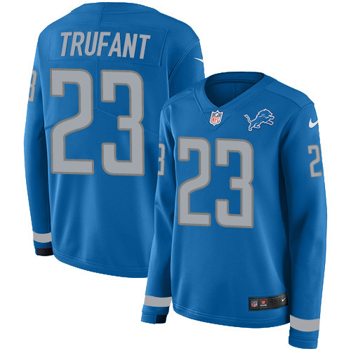 Detroit Lions #23 Desmond Trufant Blue Team Color Women's Stitched Limited Therma Long Sleeve Jersey Womens