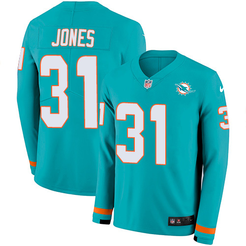 Miami Dolphins #31 Byron Jones Aqua Green Team Color Youth Stitched Limited Therma Long Sleeve Jersey Youth