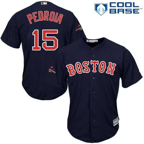 Boston Red Sox #15 Dustin Pedroia Navy Blue New Cool Base 2018 World Series Champions Stitched Jersey Men's