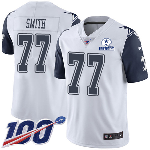 Dallas Cowboys #77 Tyron Smith White Men's Stitched With Established In 1960 Patch Limited Rush 100th Season Jersey Men's