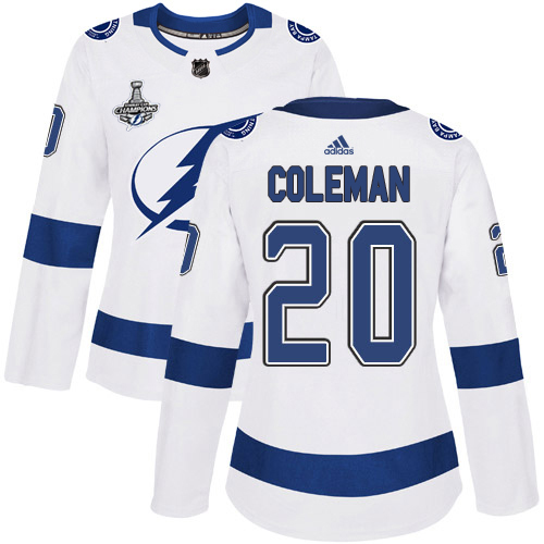 Adidas Tampa Bay Lightning #20 Blake Coleman White Road Authentic Women's 2020 Stanley Cup Champions Stitched Jersey Womens