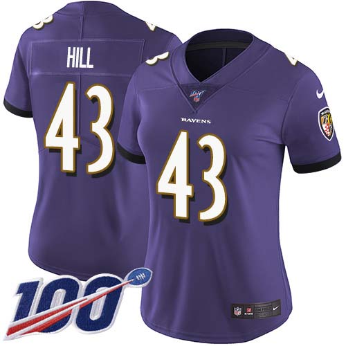 Baltimore Ravens #43 Justice Hill Purple Team Color Women's Stitched 100th Season Vapor Untouchable Limited Jersey Womens