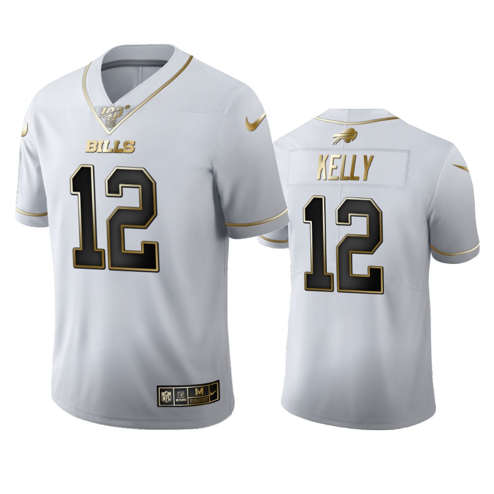 Buffalo Bills #12 Jim Kelly Men's White Golden Edition Vapor Limited 100 Jersey