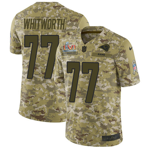 Los Angeles Rams #77 Andrew Whitworth Camo Super Bowl LVI Patch Men's Stitched Limited 2018 Salute To Service Jersey Men's