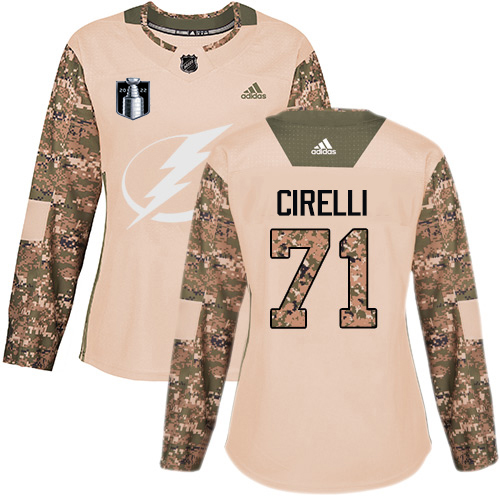Adidas Tampa Bay Lightning #71 Anthony Cirelli Camo Authentic 2022 Stanley Cup Final Patch Women's Veterans Day Stitched Jersey Womens