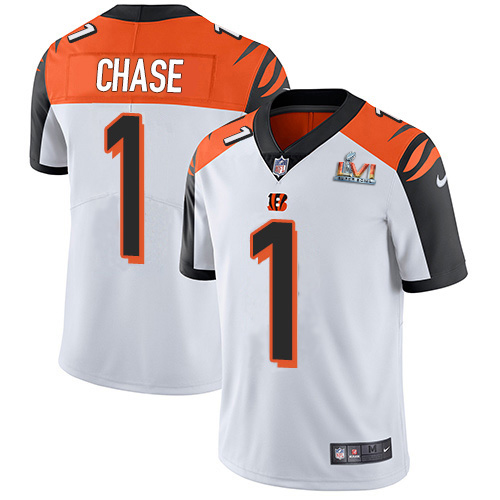 Bengals #1 Ja'Marr Chase White Super Bowl LVI Patch Youth Stitched Vapor Untouchable Limited Jersey