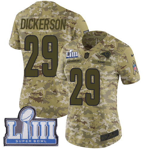 Rams #29 Eric Dickerson Camo Super Bowl LIII Bound Women's Stitched Limited 2018 Salute To Service Jersey