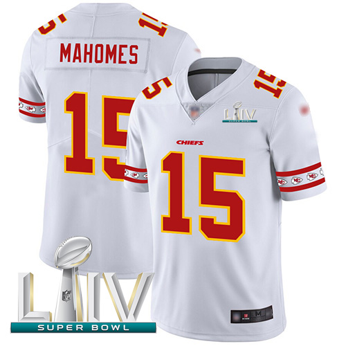 Chiefs #15 Patrick Mahomes White Super Bowl LIV 2020 Men's Stitched Limited Team Logo Fashion Jersey