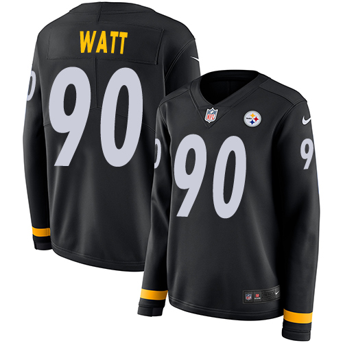 Steelers #90 T. J. Watt Black Team Color Women's Stitched Limited Therma Long Sleeve Jersey