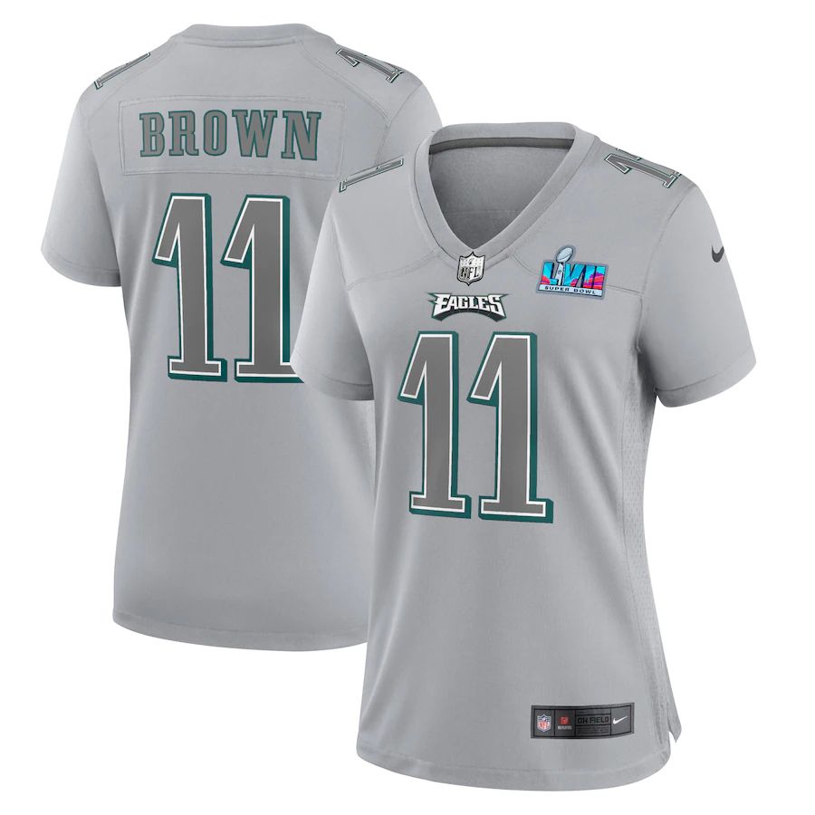 Philadelphia Eagles #11 A.J. Brown Women's Super Bowl LVII Patch Atmosphere Fashion Game Jersey - Gray