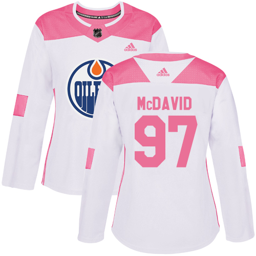 Adidas Edmonton Oilers #97 Connor McDavid White/Pink Authentic Fashion Women's Stitched Jersey Womens