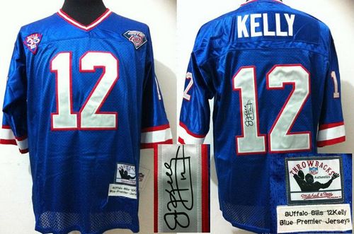 Mitchell And Ness Autographed Bills #12 Jim Kelly Blue(35th) Stitched Throwback Jersey