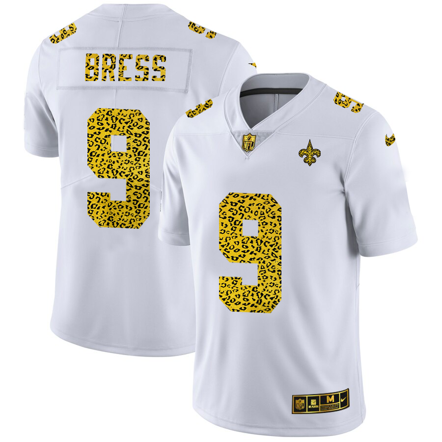 New Orleans Saints #9 Drew Brees Men's Flocked Leopard Print Vapor Limited Jersey White
