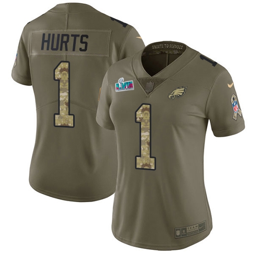 Eagles #1 Jalen Hurts Olive/Camo Super Bowl LVII Patch Women's Stitched Limited 2017 Salute To Service Jersey