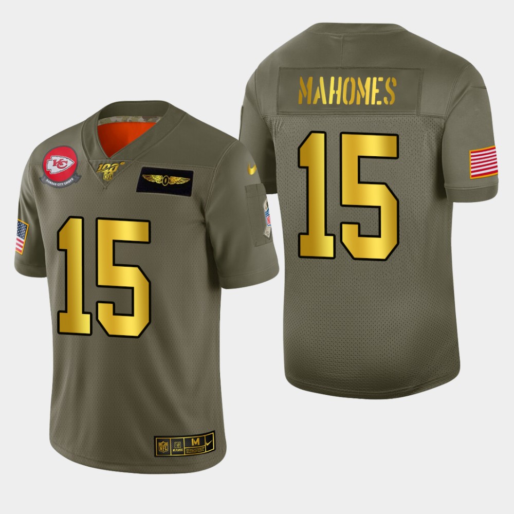 Kansas City Chiefs #15 Patrick Mahomes Men's Olive Gold 2019 Salute To Service Limited 100 Jersey