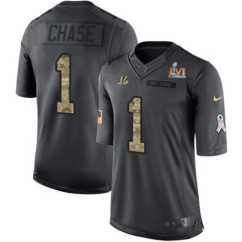Bengals #1 Ja'Marr Chase Black Team Color Super Bowl LVI Patch Men's Stitched Limited Therma Long Sleeve Jersey