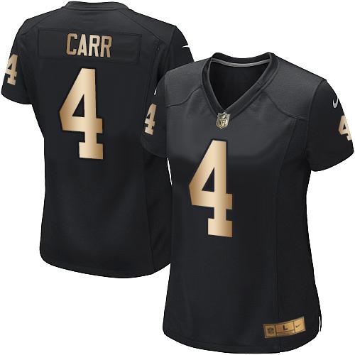 Raiders #4 Derek Carr Black Team Color Women's Stitched Elite Gold Jersey