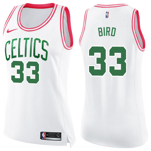 Boston Celtics #33 Larry Bird White/Pink Womens Swingman Fashion Jersey Womens