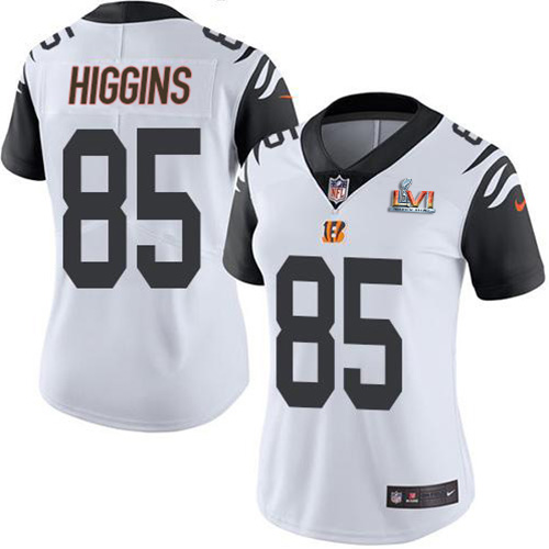 Bengals #85 Tee Higgins White Super Bowl LVI Patch Women's Stitched Limited Rush Jersey