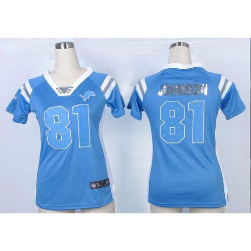 Detroit Lions #81 Calvin Johnson Light Blue Team Color Women's Stitched Elite Draft Him Shimmer Jersey Womens