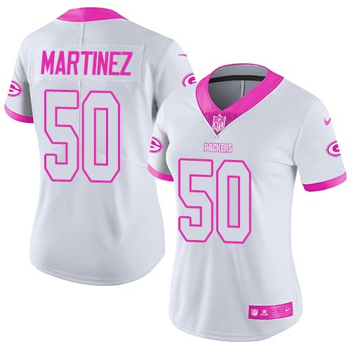 Green Bay Packers #50 Blake Martinez White/Pink Women's Stitched Limited Rush Fashion Jersey Womens