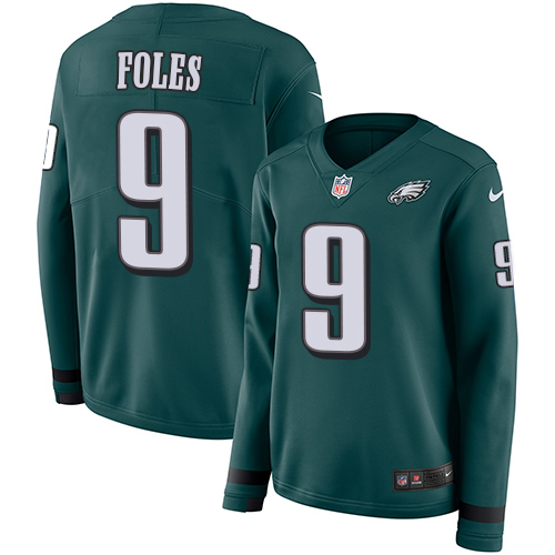 Philadelphia Eagles #9 Nick Foles Midnight Green Team Color Women's Stitched Limited Therma Long Sleeve Jersey Womens