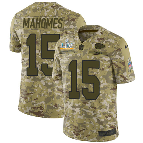 Chiefs #15 Patrick Mahomes Camo Youth Super Bowl LV Bound Stitched Limited 2018 Salute To Service Jersey